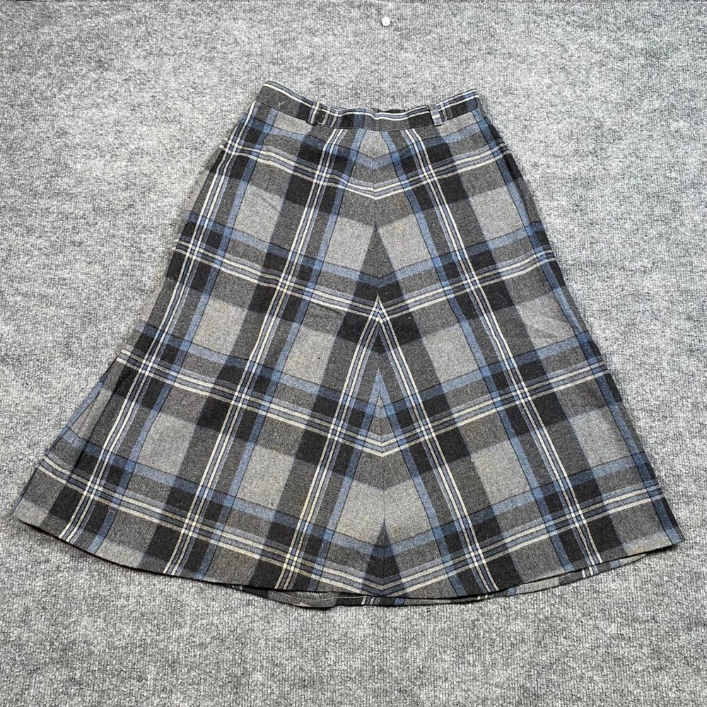 ILGWU Plaid A-Line Midi Skirt Grey Blue High Waist Size 11 USA‎ Made Union Made